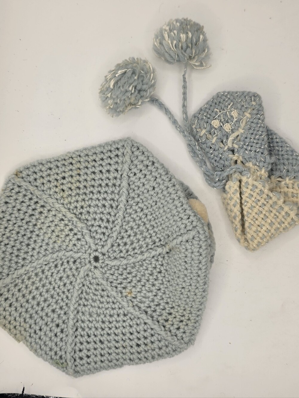Antique Early 1900s Baby Bonnet Hat & Booties Set Crochet Blue White Pom Poms